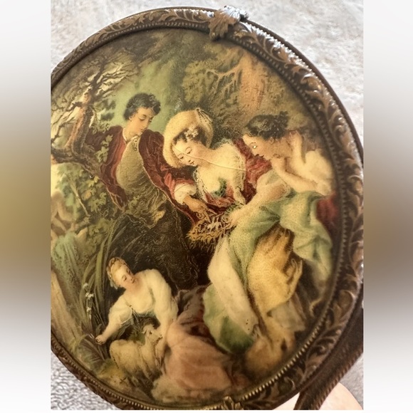 Vintage or Antique Victorian Portrait Art Gold-Tone Hand Mirror - Some Crazing - Picture 4 of 10